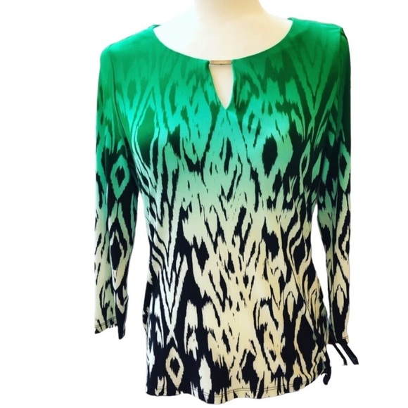 CALVIN KLEIN Green Black Bateau Neck Silky 3/4 sleeve top Women’s size small - Picture 1 of 13